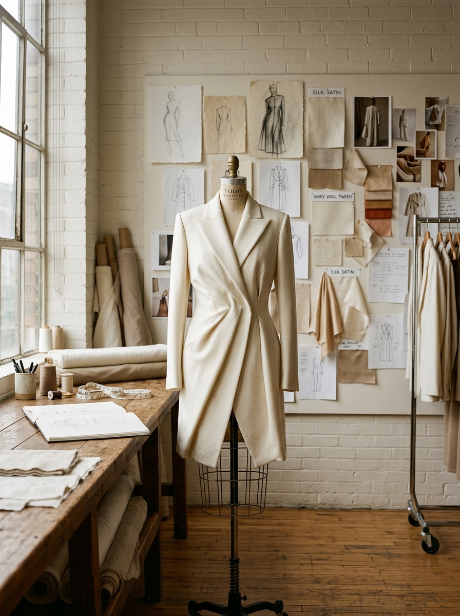 A tailored ivory coat on a mannequin in a design studio